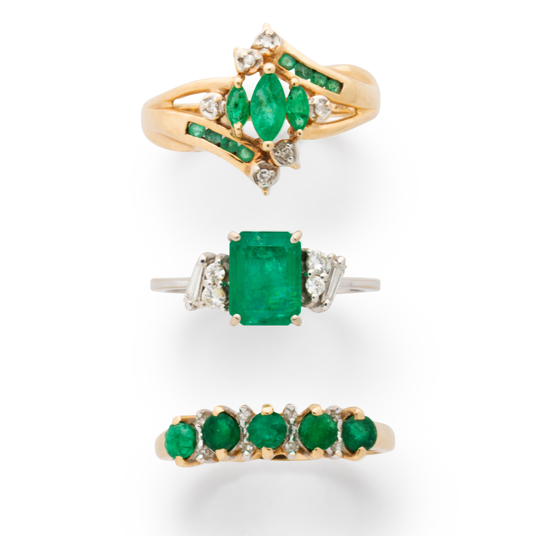 Appraisal: A GROUP OF EMERALD DIAMOND AND YELLOW OR WHITE GOLD