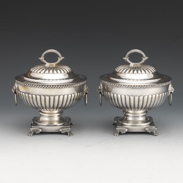 Appraisal: ENGLISH GEORGIAN STYLE SILVER PLATED PAIR OF SAUCE TUREENS BY