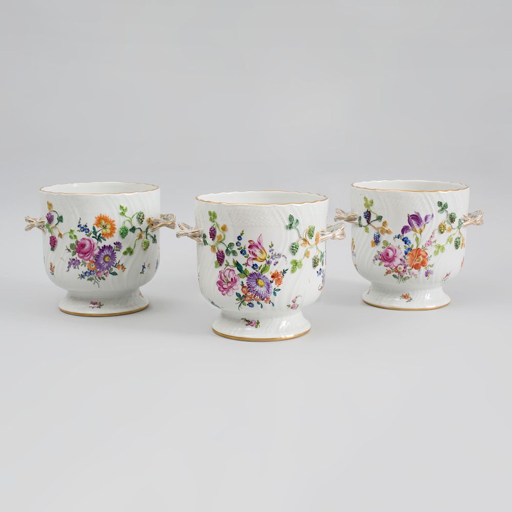 Appraisal: Set of Three Dresden Porcelain Two Handled Wine Coolers Modern