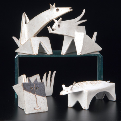 Appraisal: BRUNO GAMBONE Four whimsical animal figurines in white and brown