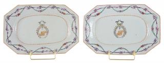 Appraisal: Pair Chinese Export Armorial Platters circa rectangular form with cut