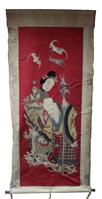 Appraisal: A th Century silk needlework scroll sewn with the figures