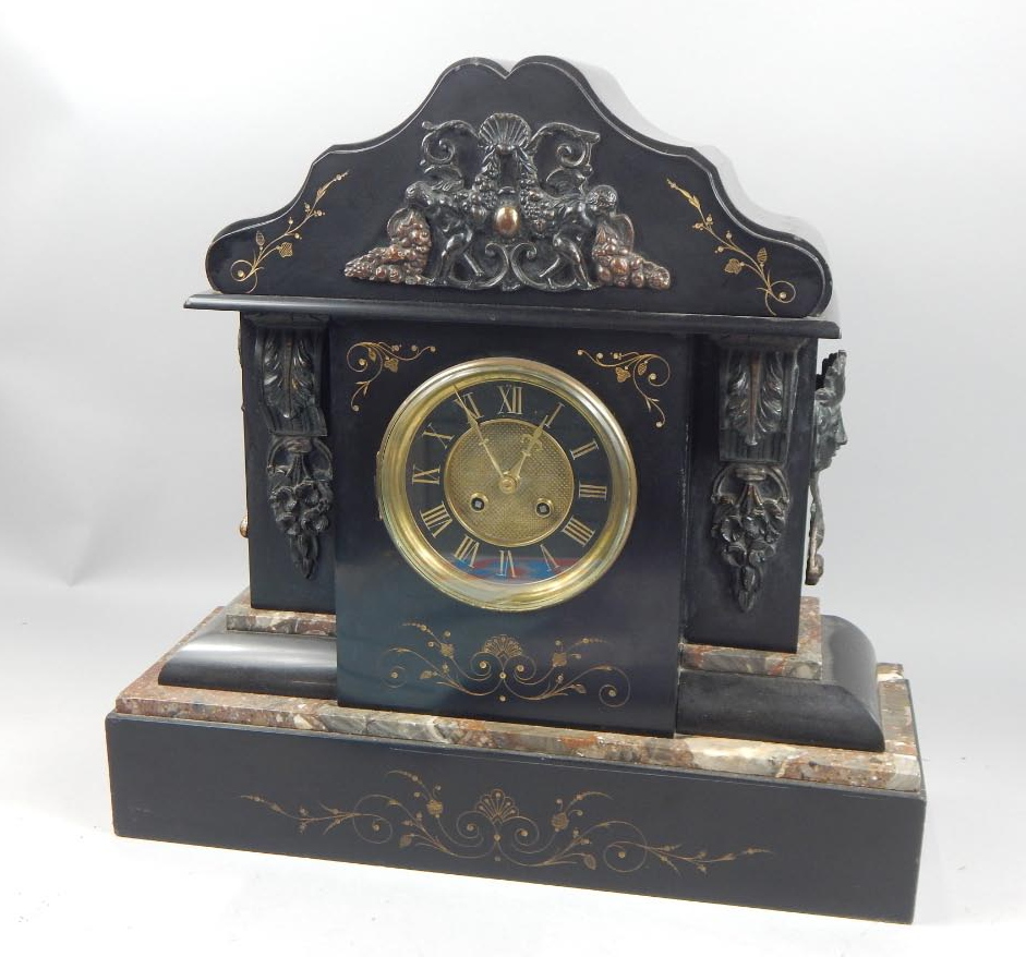 Appraisal: A late thC French black slate and marble mantel clock