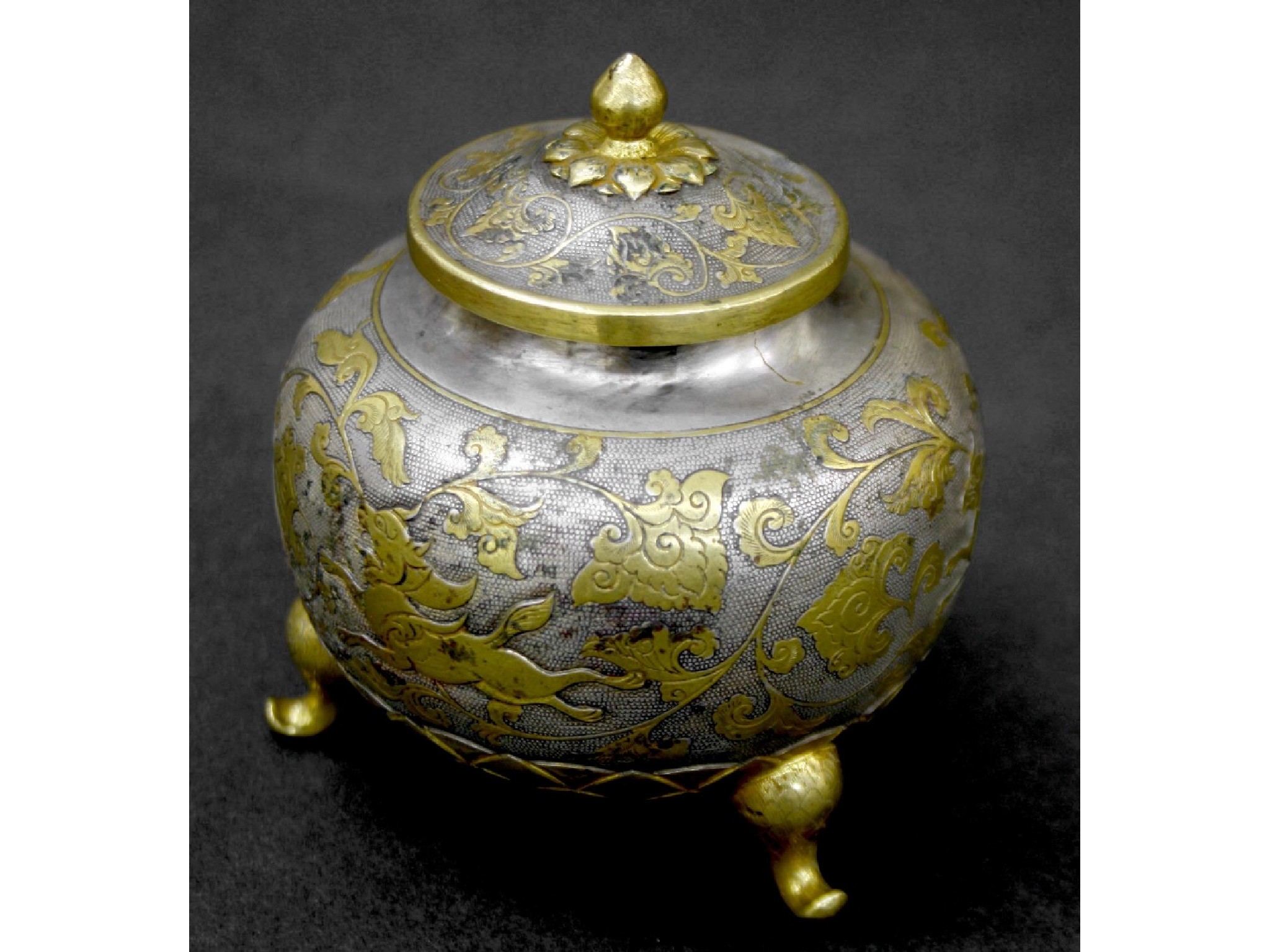 Appraisal: FIne Chinese antique silver and silver-gilt lidded ovoid pot possibly