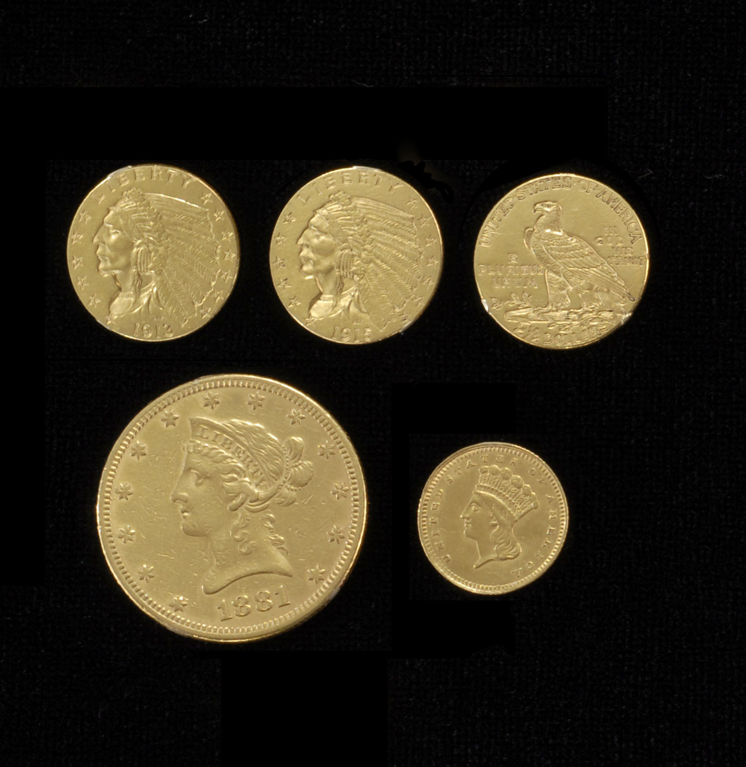 Appraisal: FIVE U S GOLD COINS An Eagle one and two