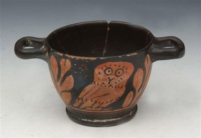 Appraisal: AN APULIAN TWO HANDLED POTTERY VASE painted with two owls