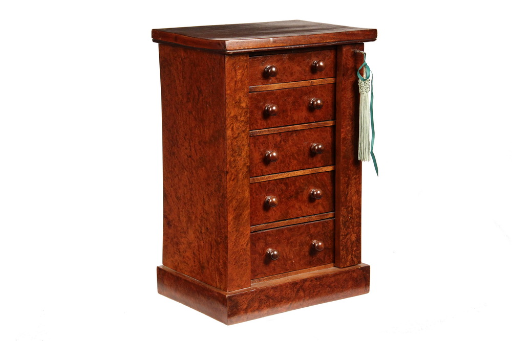 Appraisal: MINIATURE LOCKSIDE CABINET - th c English Burl Mahogany Tabletop