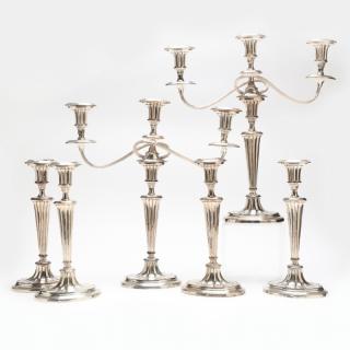 Appraisal: A Set of Four Silverplate Candlesticks and Two Matching Candelabra