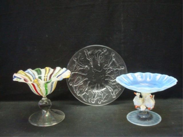 Appraisal: Pieces of Art Glass Tazzas Lalique Style Plate diameter Tazza