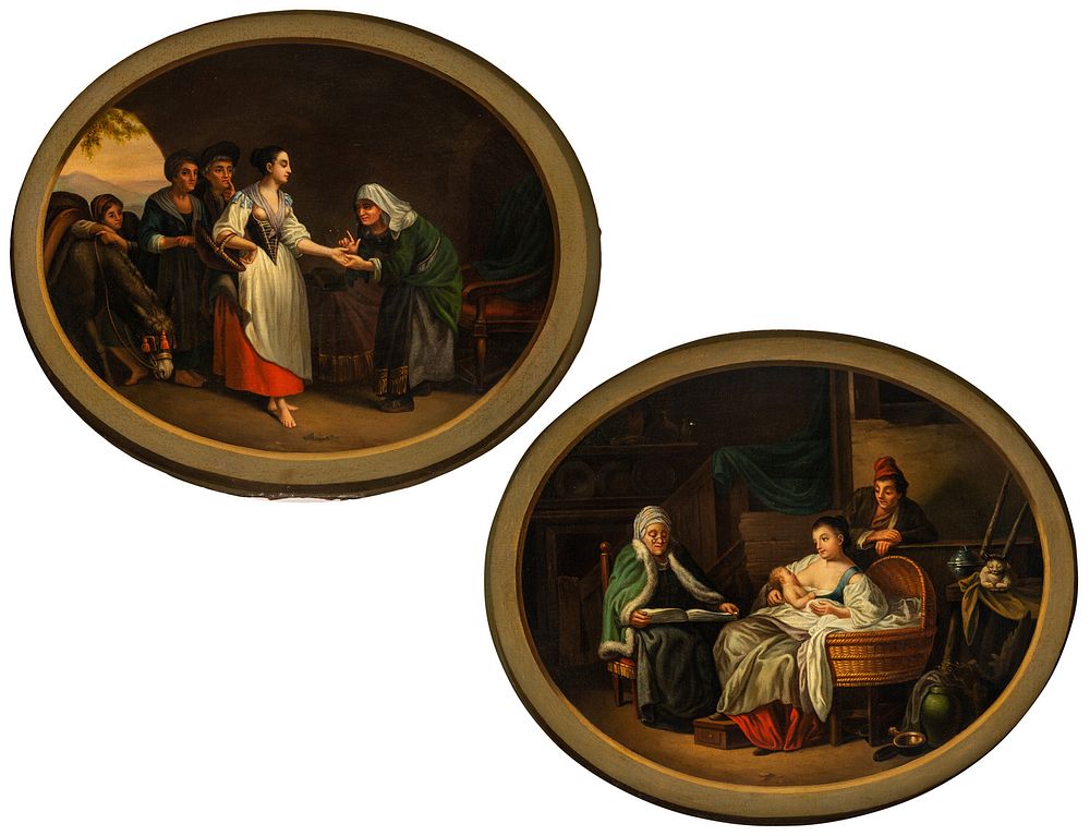 Appraisal: A PAIR OF FRENCH SCHOOL GENRE PAINTINGS ABOUT CHILDBIRTH TH