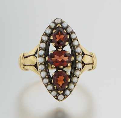 Appraisal: An English Gold Garnet and Seed Pearl Ring k yellow