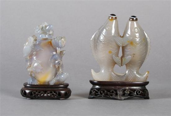 Appraisal: A Double Fish and Floral Carved Chalcedony Snuff Bottle Height