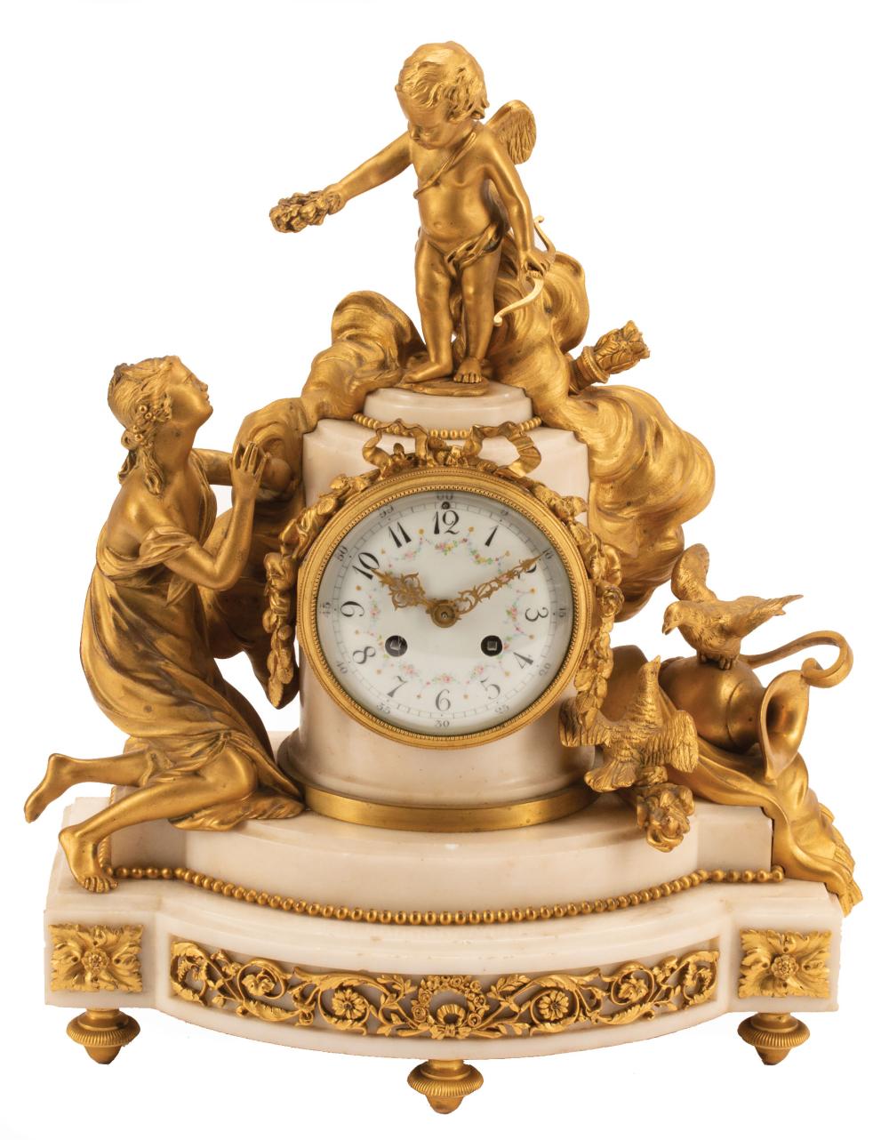 Appraisal: French Gilt Bronze and Marble Figural Mantel Clock c striking