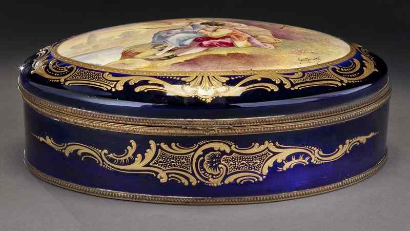 Appraisal: Large Sevres style porcelain box of cobalt ground the top