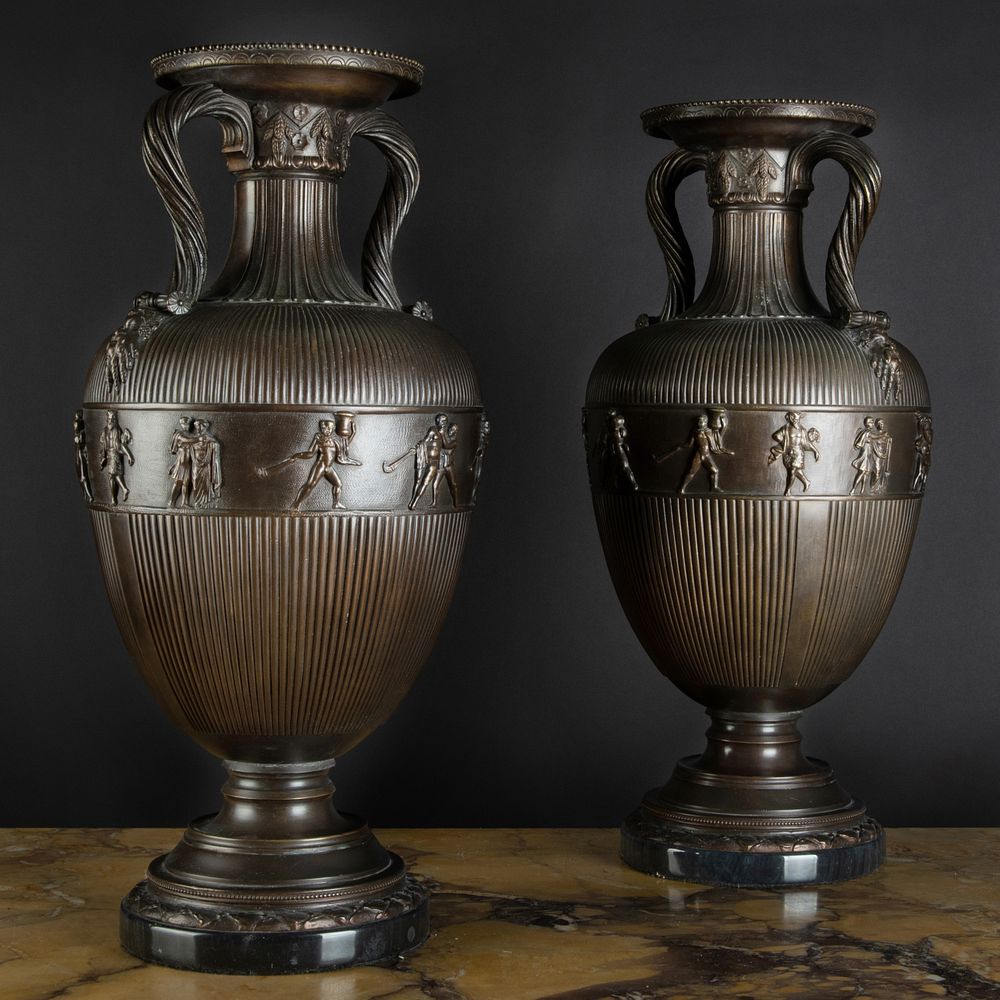 Appraisal: Pair of Italian Neoclassical Style Bronze Urns on Marble Bases