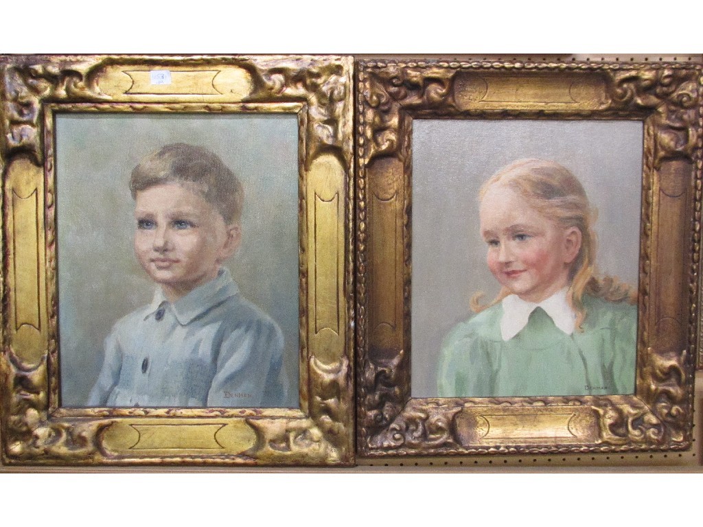 Appraisal: Pair of oil on board portraits of children signed DENMAN