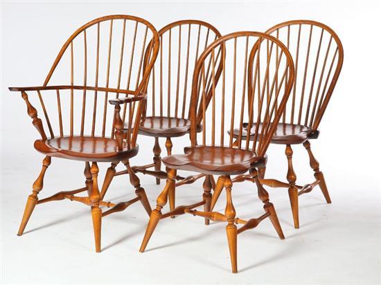 Appraisal: SIX WINDSOR-STYLE CHAIRS American th century maple Nine-spindle bowback chairs