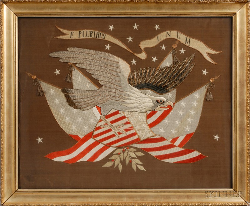 Appraisal: Chinese Export Silk Needlework Patriotic American Eagle with Flag and