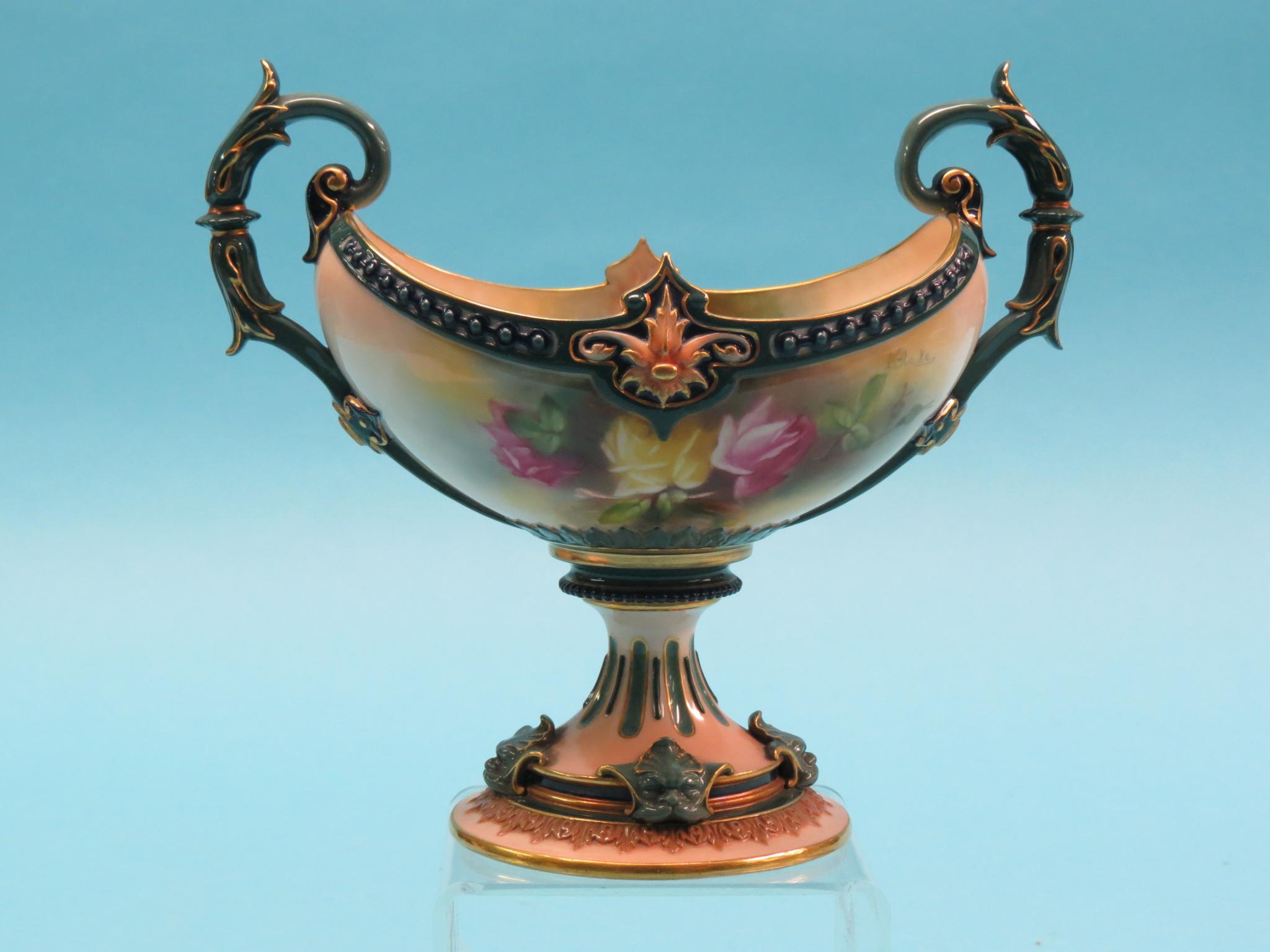 Appraisal: A Royal Worcester centrepiece boat-shape with scroll handles finely painted