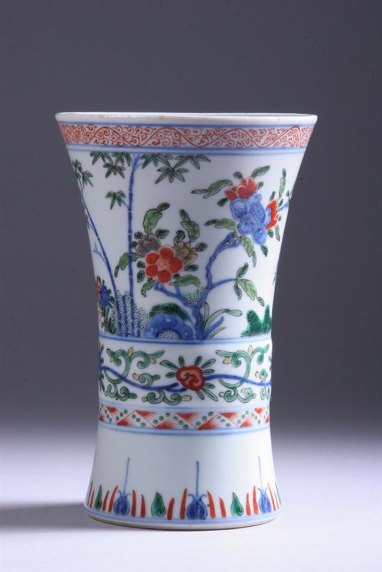 Appraisal: CHINESE PORCELAIN WUCAI BEAKER VASE Kangxi period Wanli underglaze blue