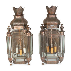 Appraisal: A Pair of Middle Eastern Stamped Metal and Glass Sconces