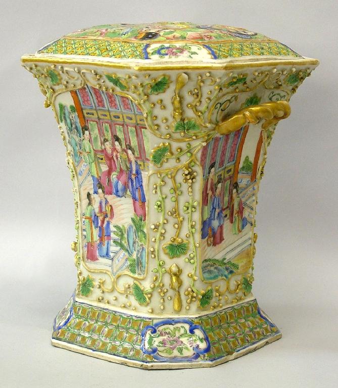 Appraisal: Cantonese jardiniere and pierced cover of square flaring form with