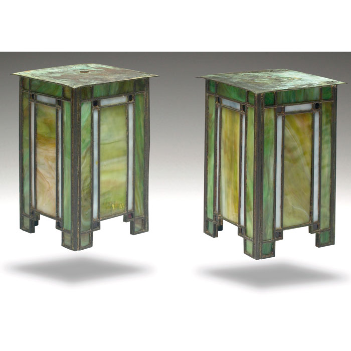 Appraisal: Arts and Crafts lanterns bronze metal square from in green