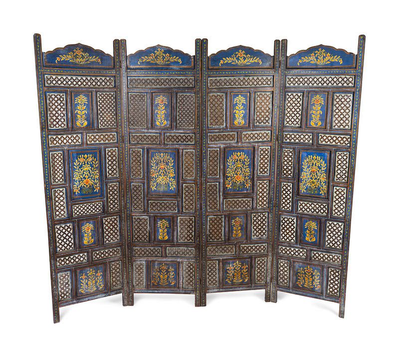 Appraisal: An Indian Pierce-Carved and Painted Four Panel Floor Screen Each