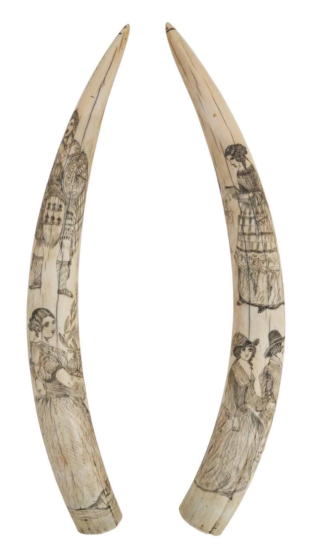 Appraisal: PAIR OF SCRIMSHAW WALRUS TUSKS WITH FIGURAL SCENES TH CENTURY