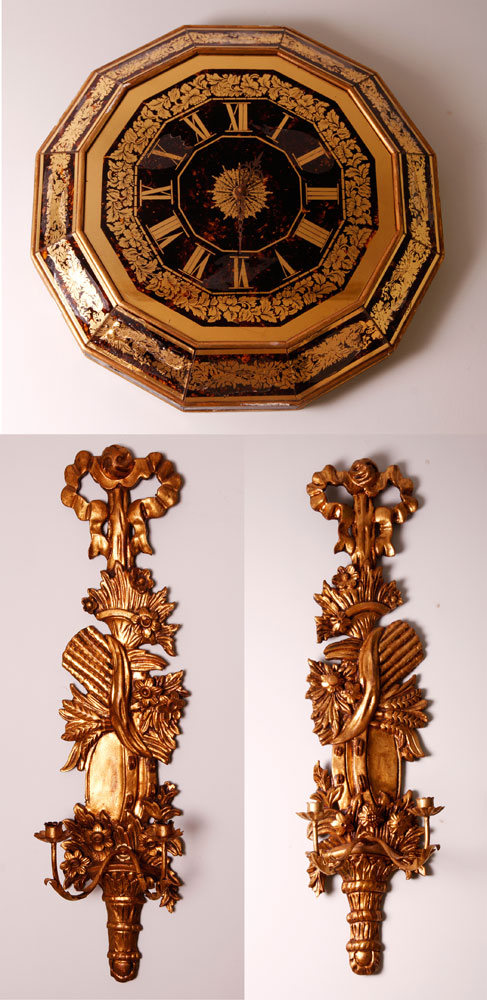 Appraisal: - Boulle Wall Clock and Pair of Gilt Wood Sconces