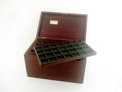 Appraisal: Coin collector's wooden box containing fitted trays label in lid