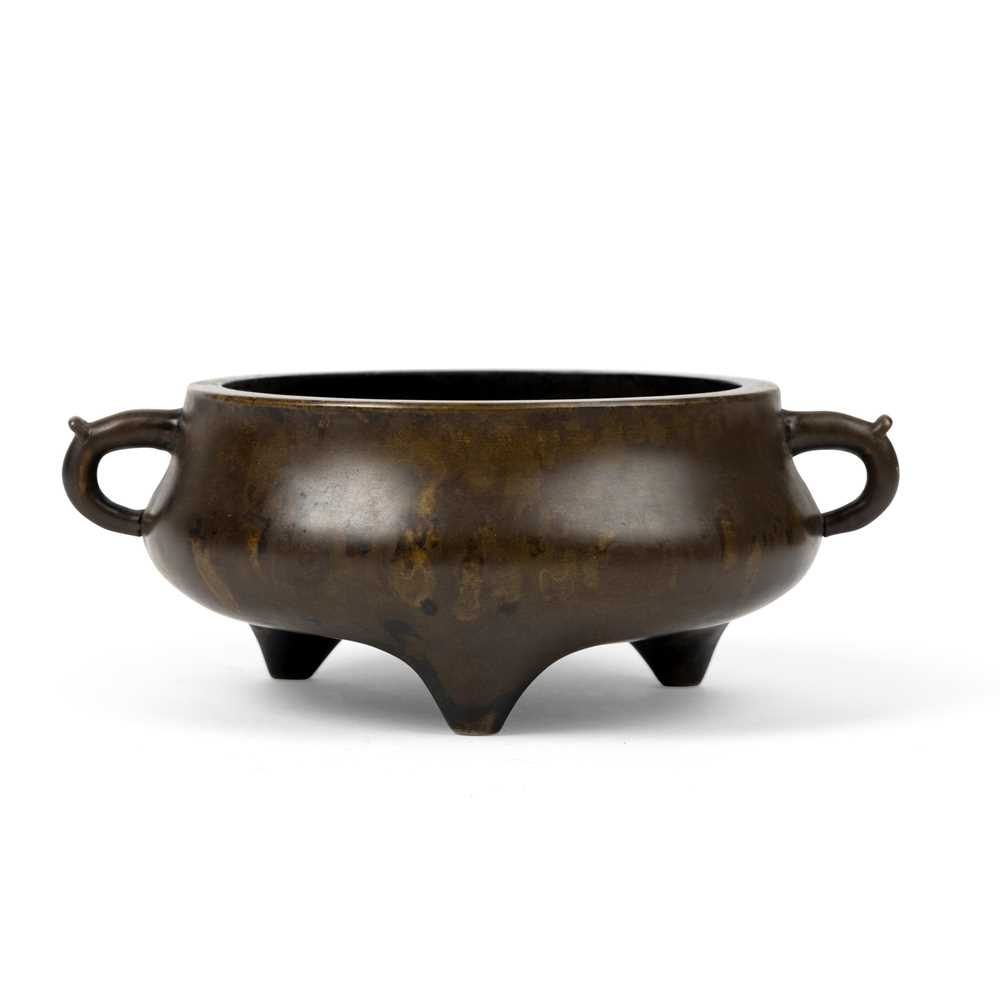 Appraisal: BRONZE TRIPOD CENSER TH CENTURY of compressed bulbous form supported