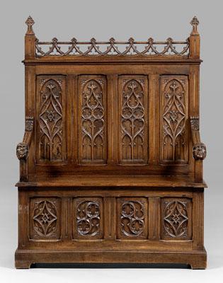 Appraisal: Gothic Revival carved walnut bench paneled and tracery carved back