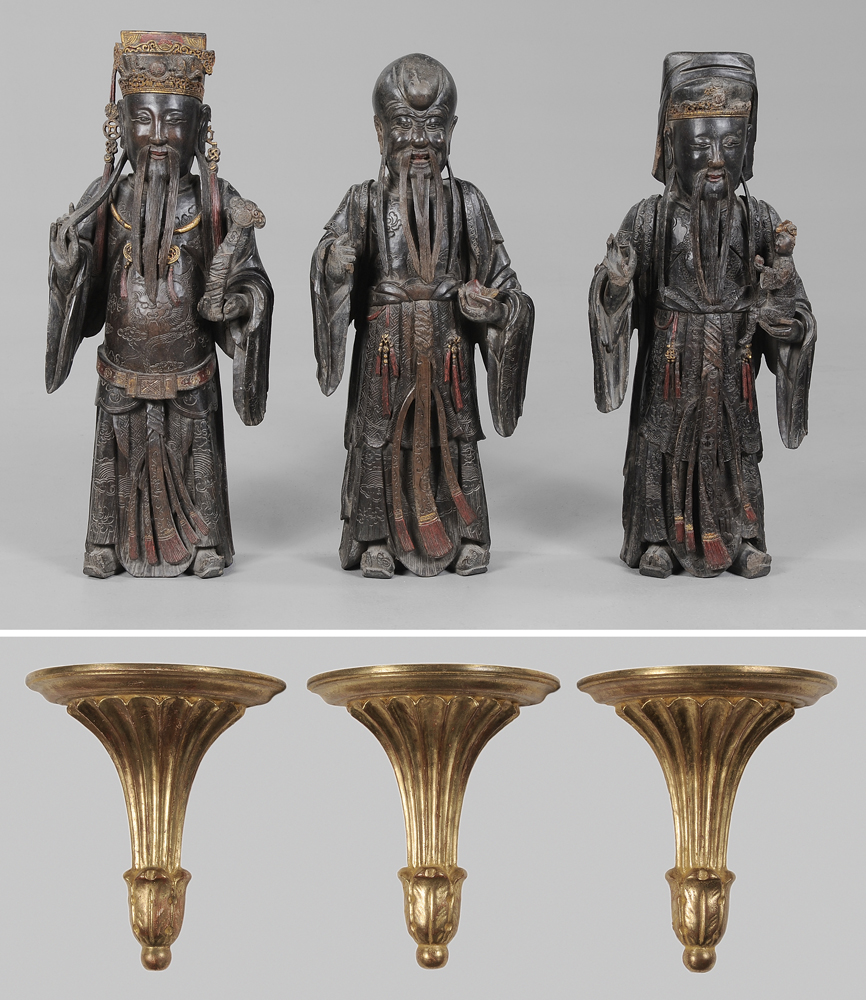 Appraisal: Three Carved and Polychromed Hardwood Immortals Chinese probably th century