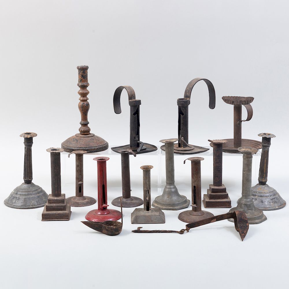 Appraisal: Group of Seventeen Candlesticks and Other Lighting Implements Including tin