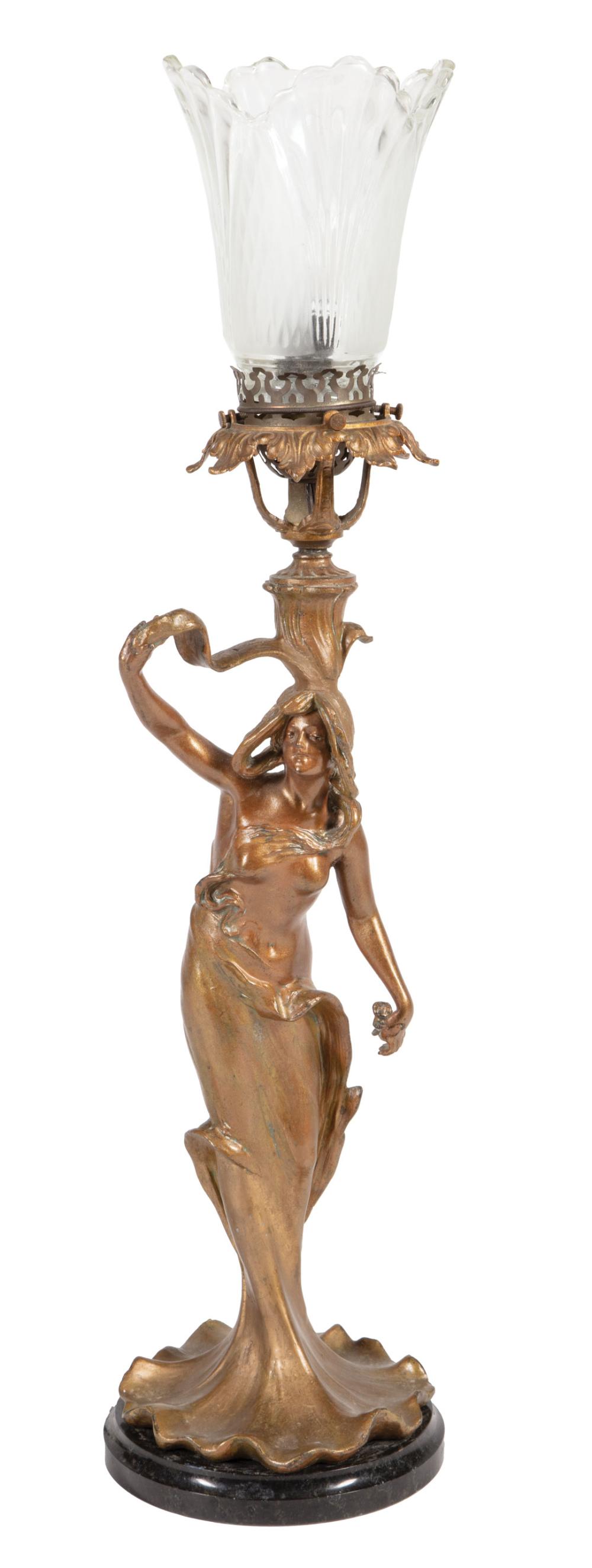 Appraisal: Art Nouveau Patinated Bronze Figural Lamp early th c later