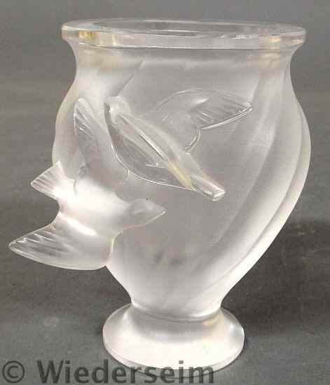 Appraisal: Signed Lalique France frosted glass vase with bird decoration h