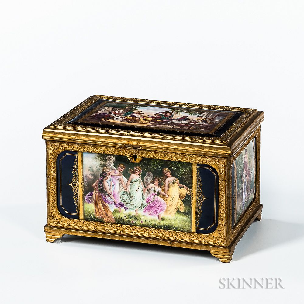 Appraisal: Austrian Hand-painted Porcelain-mounted Bronze Box Austrian Hand-painted Porcelain-mounted Bronze Box