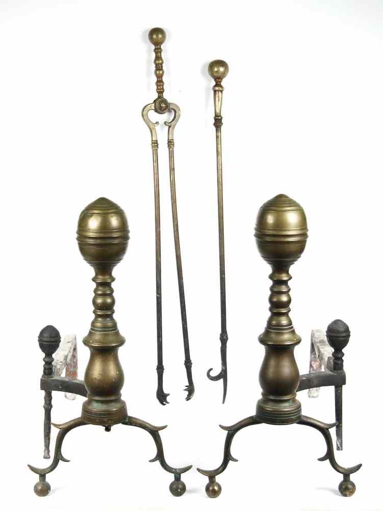 Appraisal: ANDIRONS AND FIREPLACE TOOLS - Fine pair of Chippendale ball