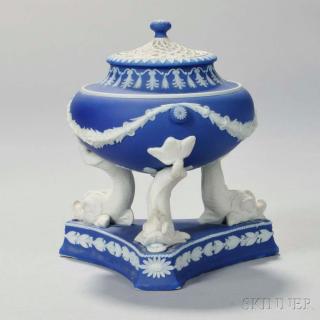 Appraisal: Wedgwood Dark Blue Jasper Dip Dolphin Incense Burner and Cover