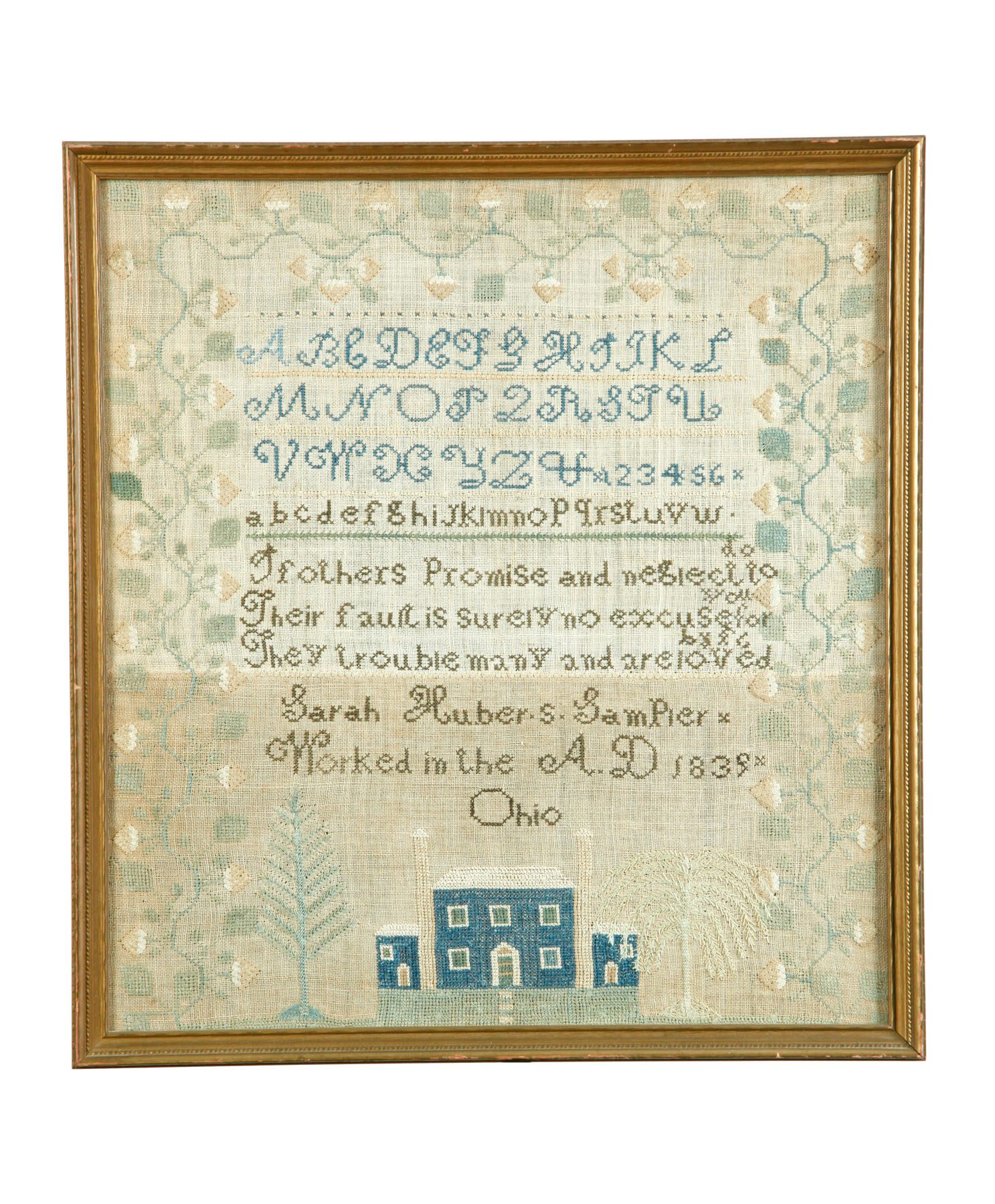 Appraisal: IMPORTANT OHIO SAMPLER Fairfield County silk on linen A wide