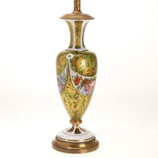 Appraisal: Bohemian gilt enameled emerald glass vase lamp Bohemian gilt enameled