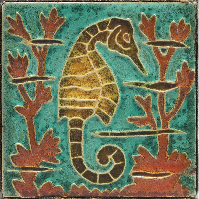 Appraisal: Art Pottery tile incised and painted sea horse among underwater