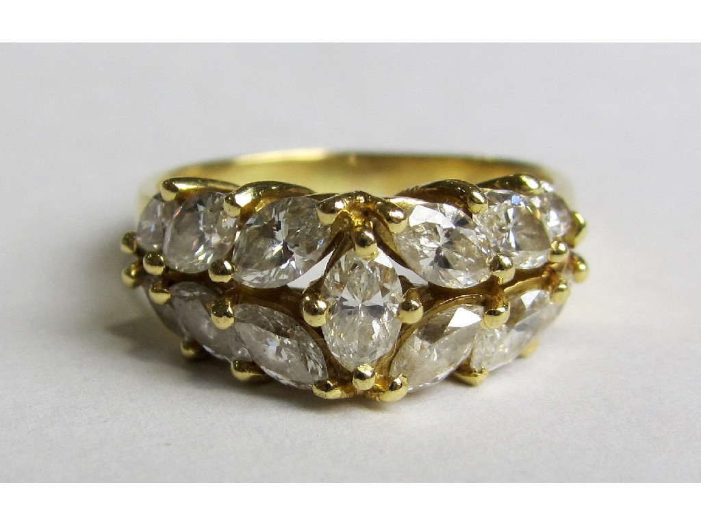 Appraisal: An ct gold thirteen stone marquise diamond cluster ring with