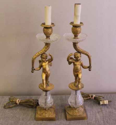 Appraisal: Pair of Antique French Gilt Bronze and CrystalCandlesticks Now as