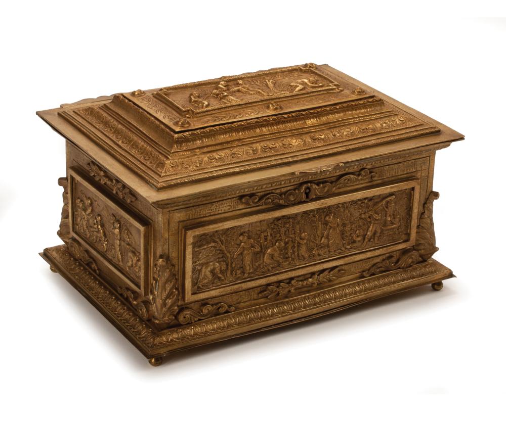 Appraisal: French Bronze Table Casket velvet interior with reliefs of people