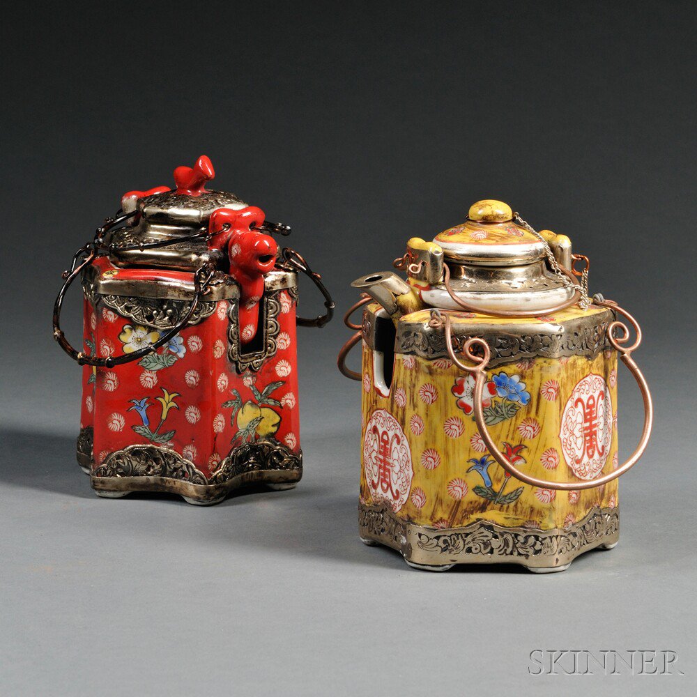 Appraisal: Two Porcelain Teapots China th century each inset in a