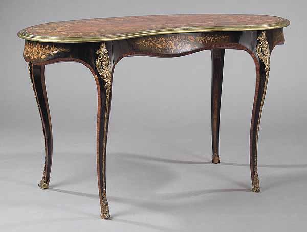 Appraisal: A Louis XV-Style Mahogany Amboyna Marquetry and Bronze-Mounted Bureau Rongon