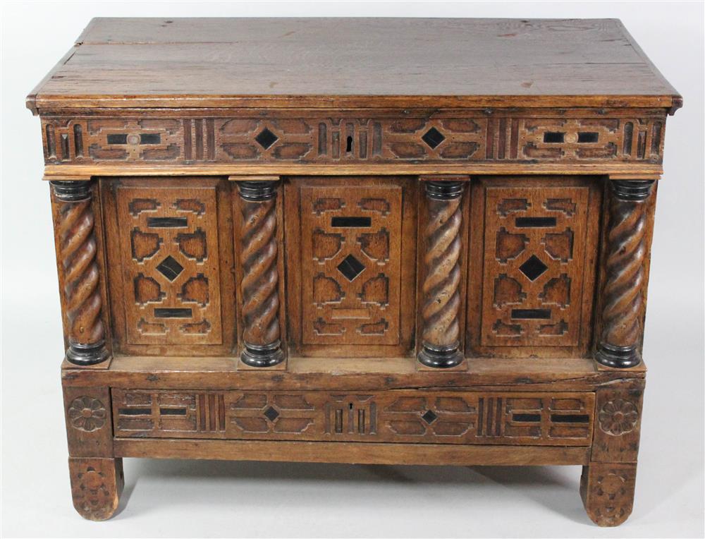 Appraisal: ENGLISH BAROQUE STYLE EBONIZED OAK LIFT-TOP CHEST composed of older