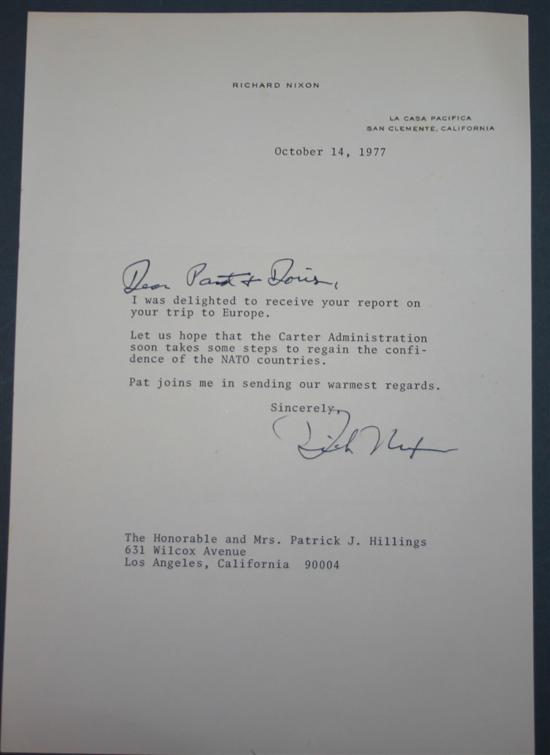 Appraisal: President Richard Nixon TLS Dick Nixon with salutation also in